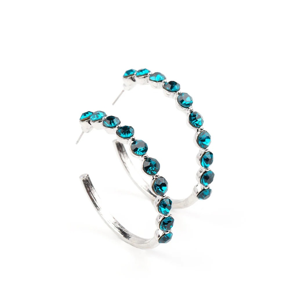 Chic Silver Hoop Earrings with Blue Crystals